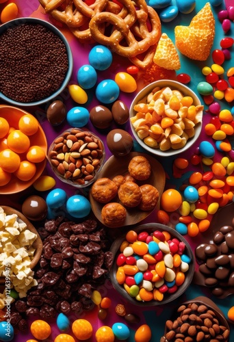 vibrant close assorted snack variety displayed bright colorful backdrop featuring different textures shapes, snacks, treats, bites, crispy, food, sweet