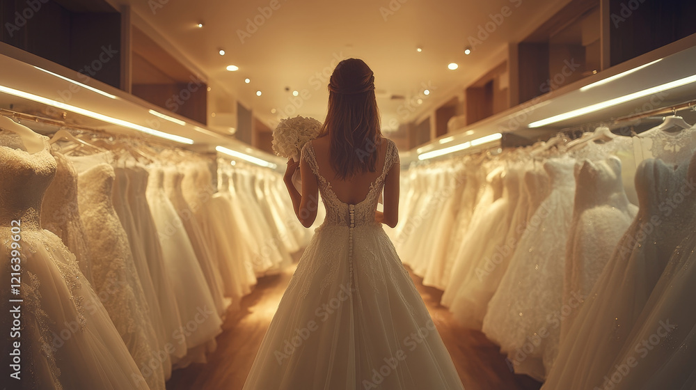 A bride-to-be admires her reflection surrounded by beautiful wedding dresses. A bride-to-be admires her reflection surrounded by beautiful wedding dresses.
