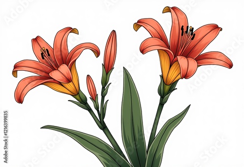 Clivia Color Line Art, Vector Illustration, Simple Line Drawing Style, Minimalist Floral Design, Editing Illustration, Plant Graphic, Plane Illustration, Simple Details, Simplicity, 16K UHD, Color Art