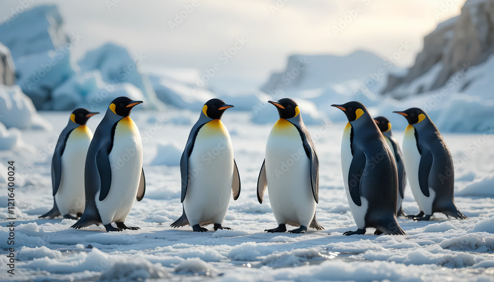 Obraz premium Majestic Emperor Penguins Stand in Formation on Antarctic Ice