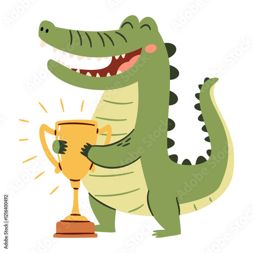 Flat vector illustration in a simple children's style. Cute crocodile happy to win, first place and winner cup. Vector illustration