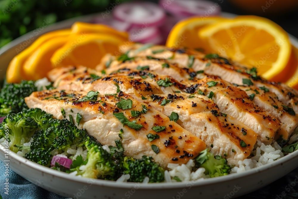 Grilled Chicken with Citrus and Herbs on Broccoli and Rice Healthy Meal Presentation for Cookbooks or Blogs Grilled Chicken with Citrus and Herbs on Broccoli and Rice Healthy Meal Presentation for Cookbooks or Blogs