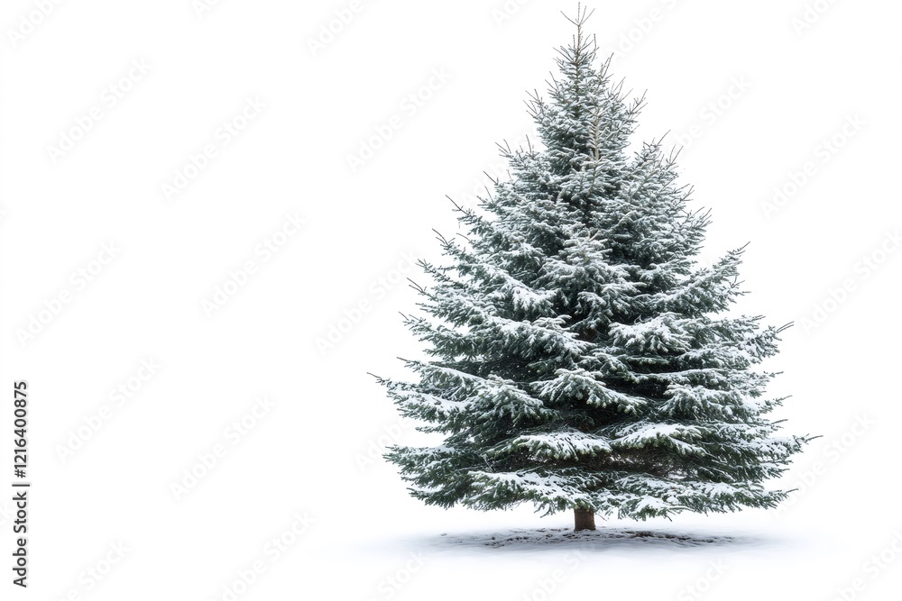 Perfect fir tree covered with snow standing out against white background Perfect fir tree covered with snow standing out against white background