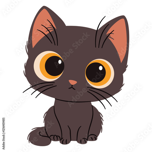 Cute disgruntled black kitten. Flat vector illustration in simple childish style. White background . Vector illustration