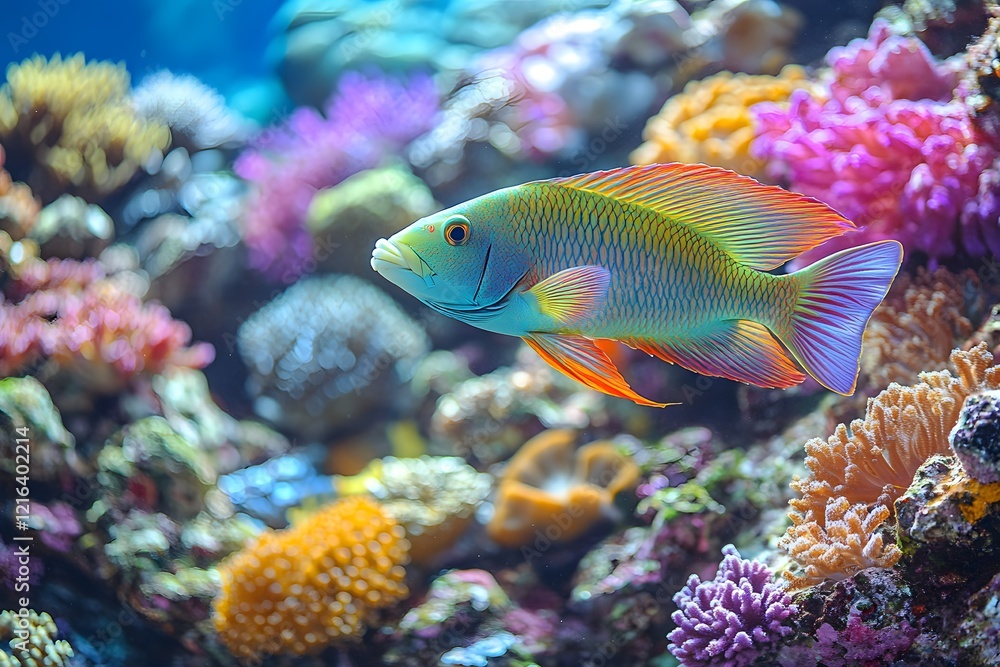 Fototapeta premium Vibrant Tropical Fish in a Colorful Coral Reef Underwater Scene for Marine Conservation Themes