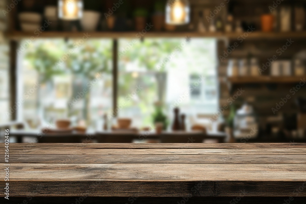 Rustic wooden table, cafe background, blurry interior, product display Rustic wooden table, cafe background, blurry interior, product display