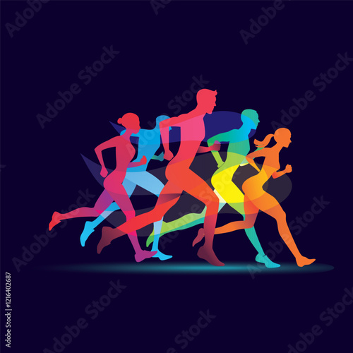 running people set of silhouettes, sport and activity on the dark background