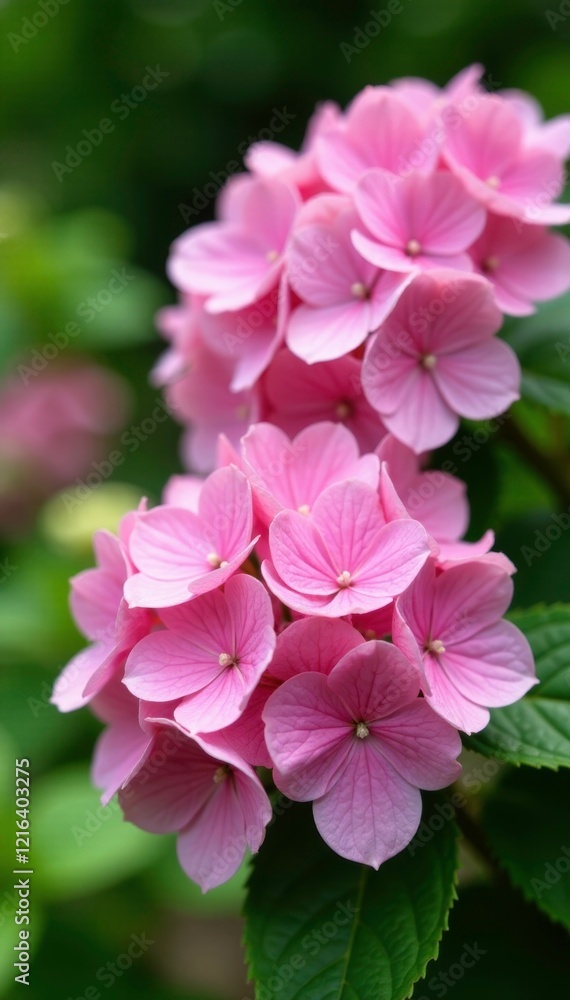 bunch of large pink hydrangeas in the garden with greenery, foliage, cut, garden bunch of large pink hydrangeas in the garden with greenery, foliage, cut, garden