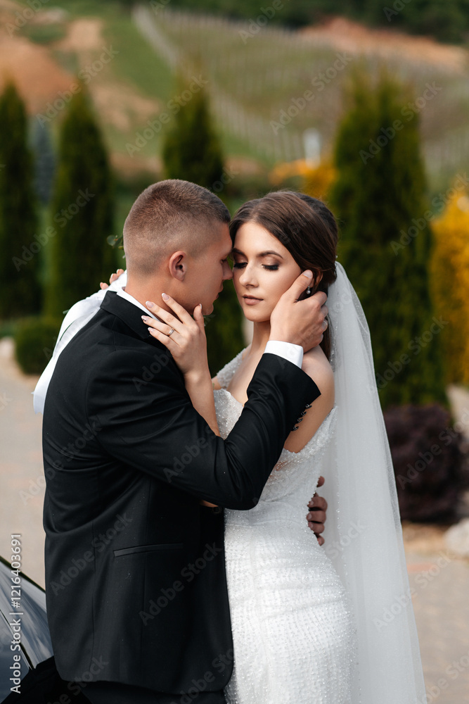 A man in a black suit and white shirt hugs a woman who is wearing a white dress with shiny elements. A man in a black suit and white shirt hugs a woman who is wearing a white dress with shiny elements.