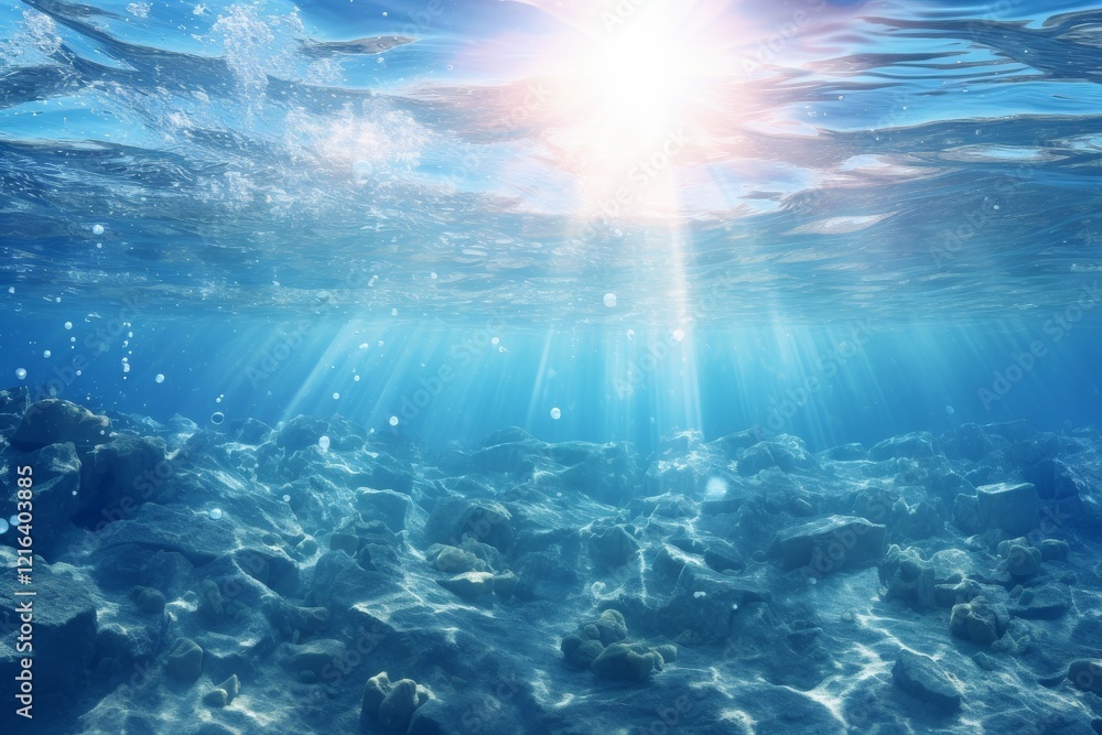Fototapeta premium Sunlight filters through clear ocean water over a rocky seafloor at midday. Generative AI