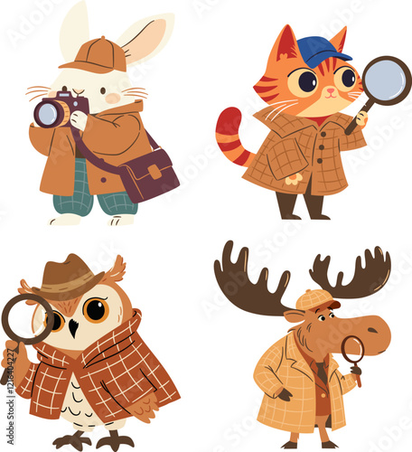 A set of flat vector illustrations in a simple children's style. Cute animal detectives with camera and magnifying glass, moose, cat, hare and owl. Vector illustration