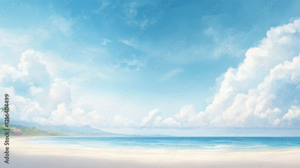 Serene tropical beach with blue skies and fluffy clouds in a tranquil coastal paradise scene Serene tropical beach with blue skies and fluffy clouds in a tranquil coastal paradise scene