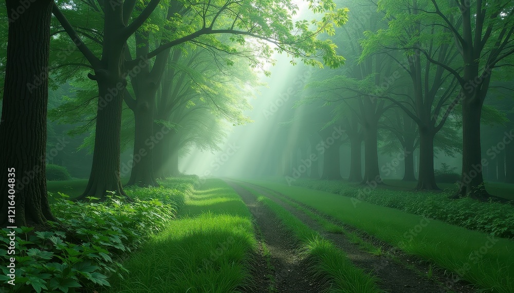 Obraz premium Lush Green Forest Wallpaper: Sunbeams Through Canopy, HD