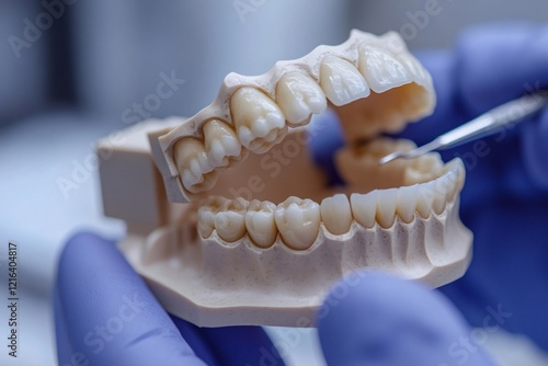 Dentist examining teeth model with dental probe photo