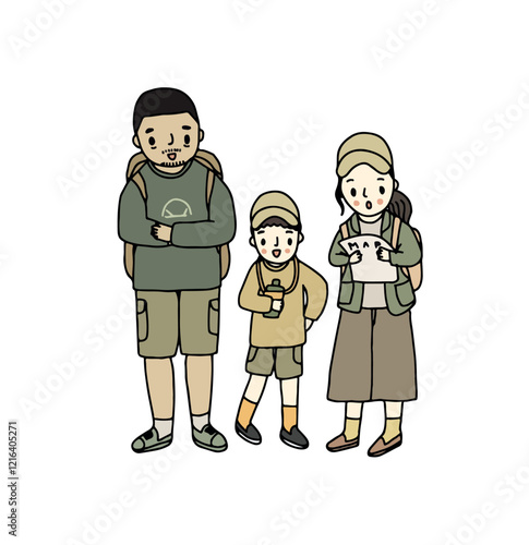 happy family travelling together, hand drawn style vector illustration