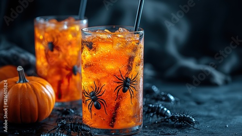 Spooky drinks Glasses with floating spiders, straws, a skeleton hand holding a pumpkin, centipedes, and cockroaches on a black background