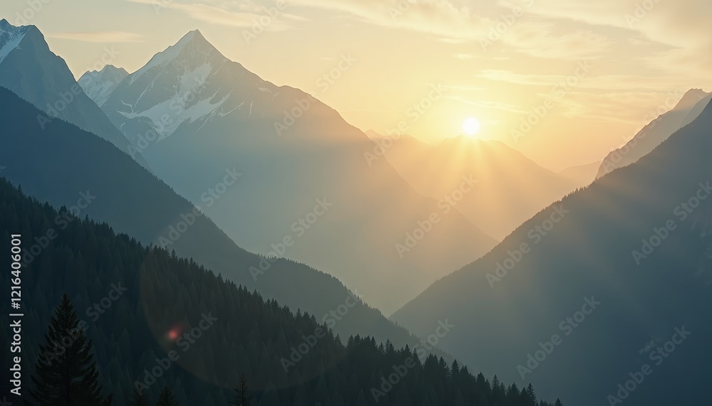 Obraz premium Golden Sunset Illuminates Majestic Snow-Capped Mountain Ran