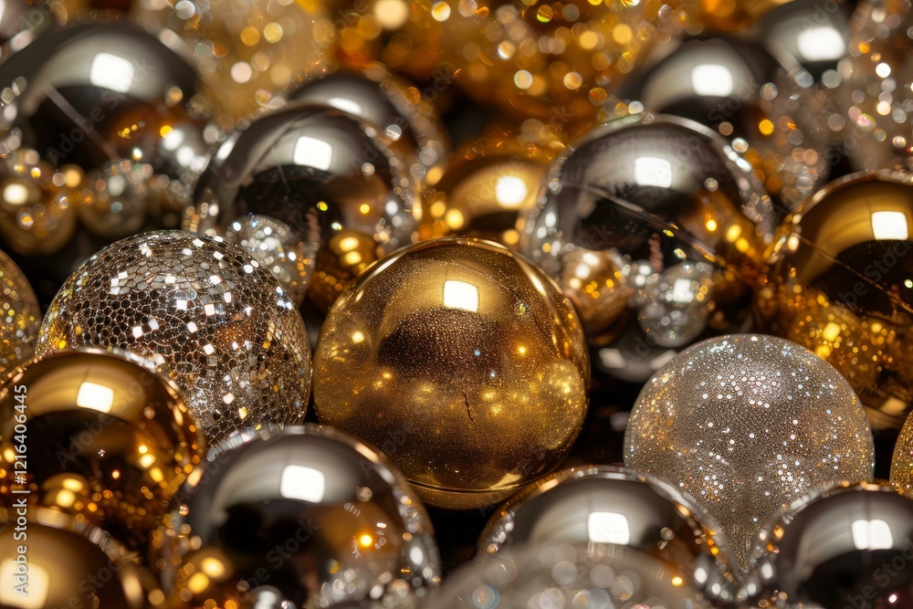 Close up of sparkling gold and silver christmas balls, evoking a warm festive atmosphere Close up of sparkling gold and silver christmas balls, evoking a warm festive atmosphere