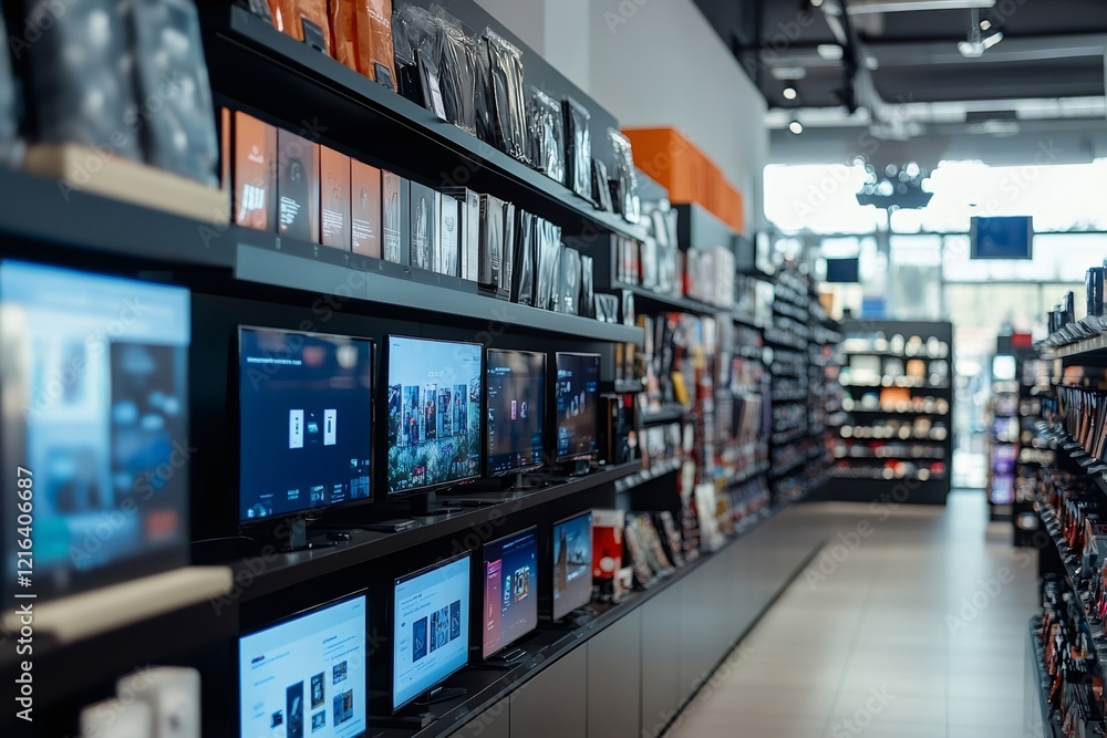 Modern electronics store showing multiple monitors and accessories on display Modern electronics store showing multiple monitors and accessories on display