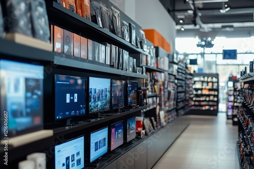 Modern electronics store showing multiple monitors and accessories on display photo