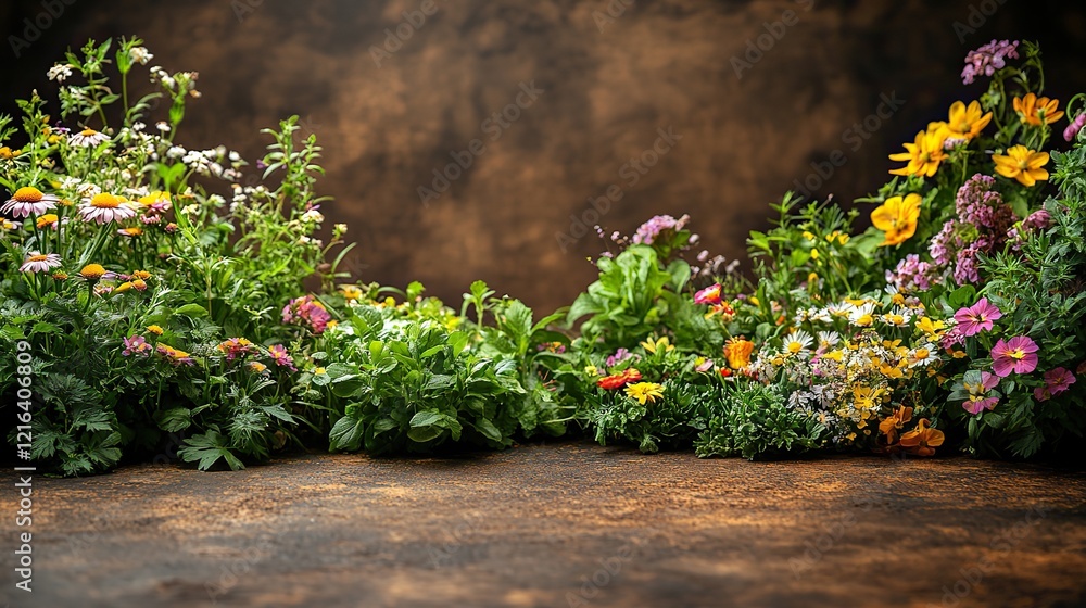 Obraz premium Spring garden ambiance Young flowers and gardening equipment on rustic brown with space for text