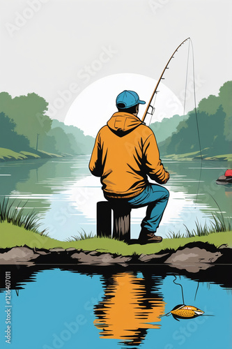 AI generative. Flat design of illustration a man fishing in the river bank  activity with view background. 1 photo