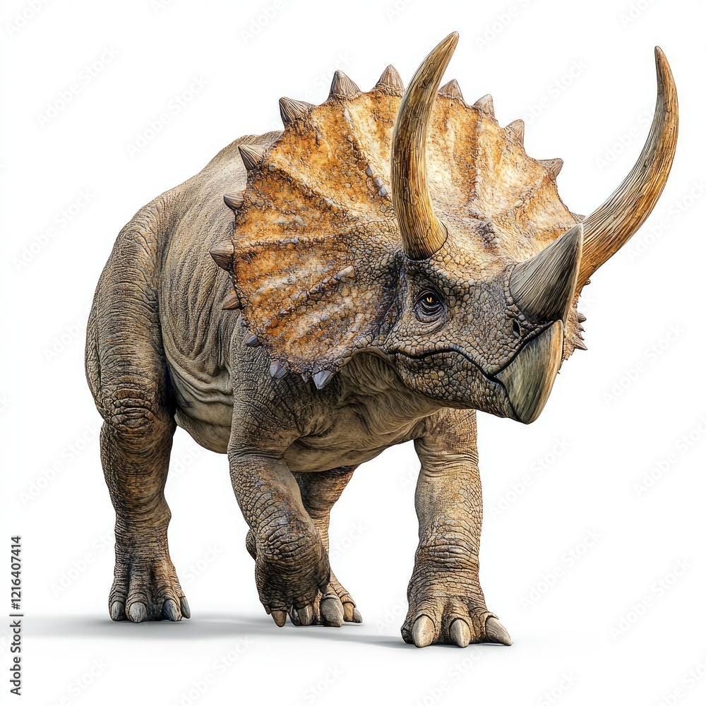Fototapeta premium Triceratops dinosaur, prehistoric creature, white background, ancient reptile, paleontological illustration