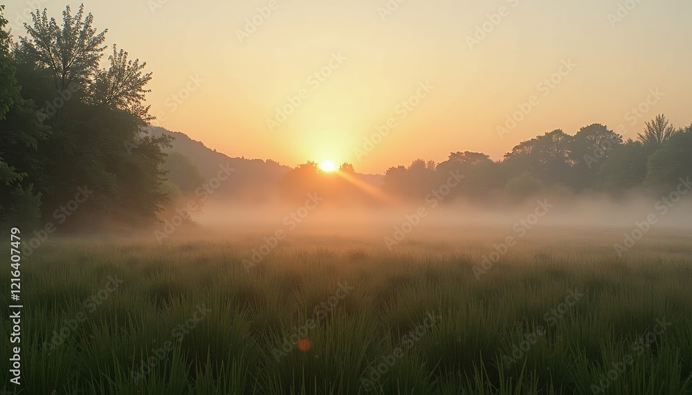 Fototapeta premium Golden Sunrise Over Misting Grassy Field with Trees