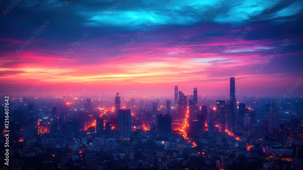 Fototapeta premium Cityscape twilight aerial view, vibrant sunset, urban skyline, night lights, promotional use
