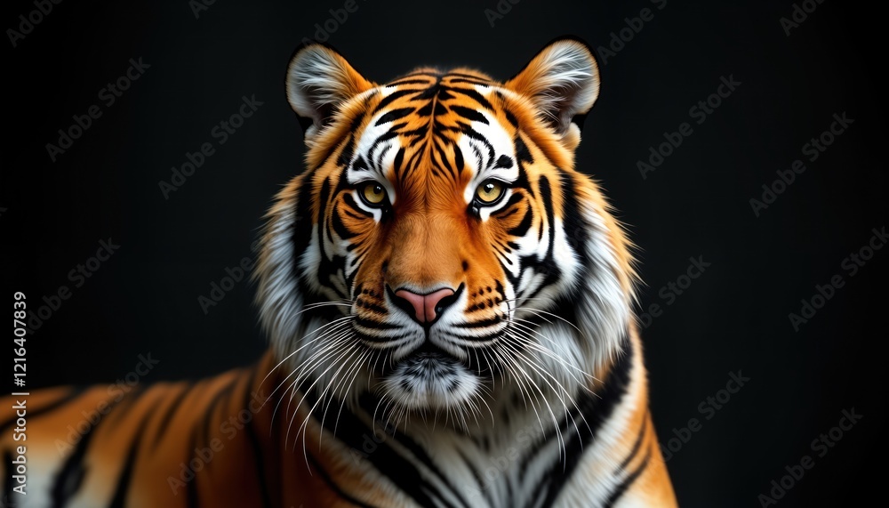 Naklejka premium Close-up portrait of tiger. Big cat stares directly at viewer. Predatory animal with orange fur, black stripes. Wild animal with determined look. Powerful mammal in jungle environment. Powerful,