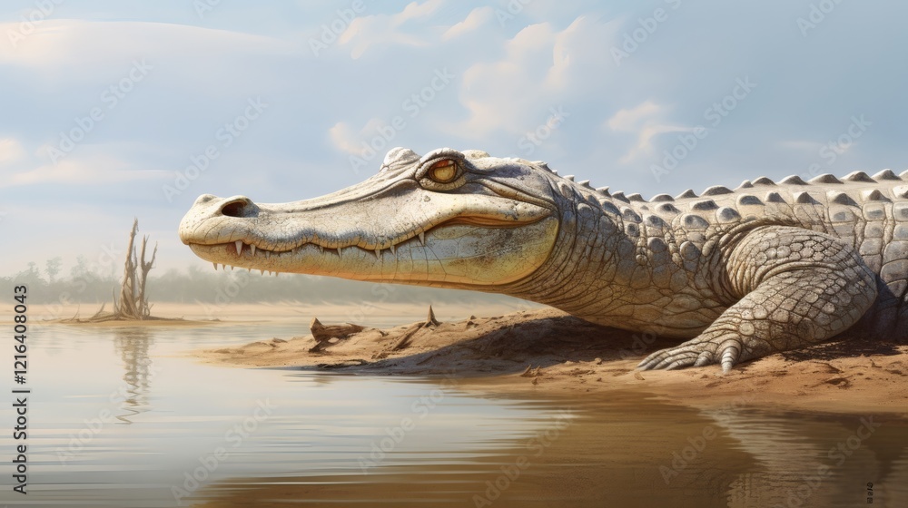 Naklejka premium Majestic crocodile basking by the serene waters of a river in a tranquil natural environment