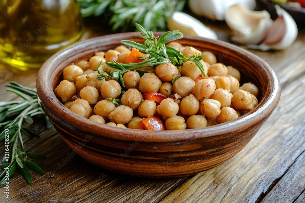Rustic Wooden Table Set with Mediterranean Inspired Chickpea Dish Rustic Wooden Table Set with Mediterranean Inspired Chickpea Dish