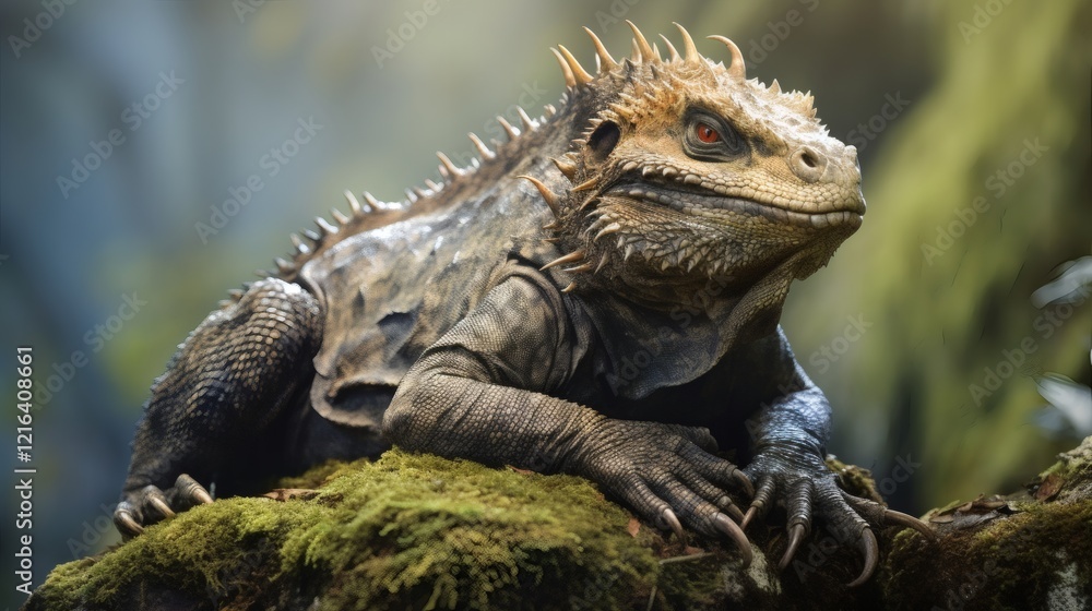 Obraz premium Lizard perched on mossy log in a lush forest under soft sunlight during early morning hours