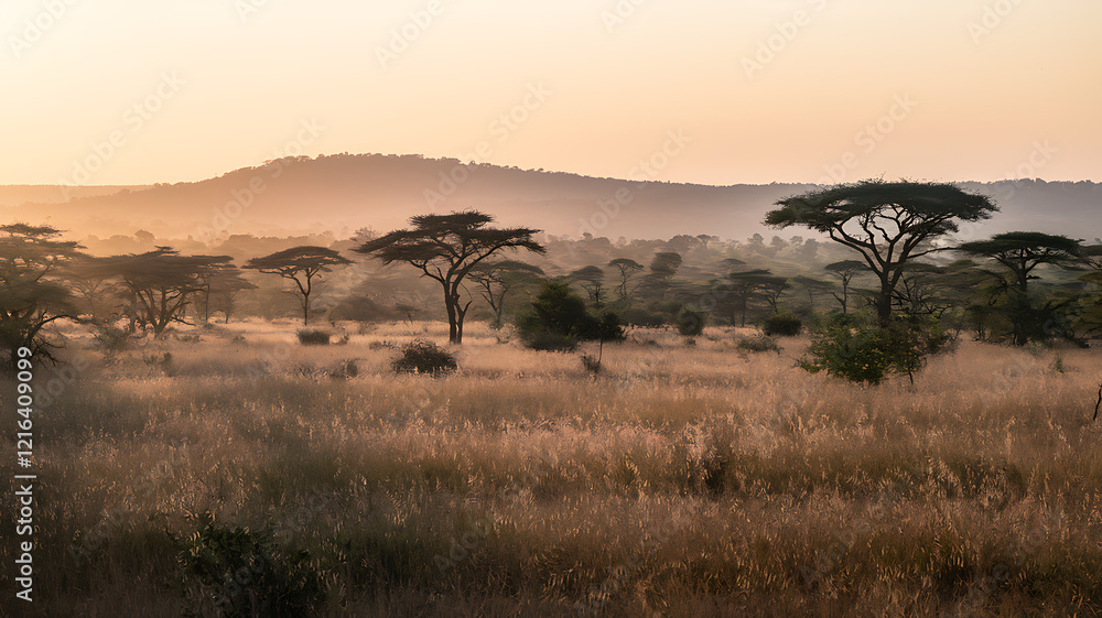 Golden Savanna at Dusk with Acacia Trees, Warm Sunset Light, and Distant Hills Softened by Heat Haze, Capturing Serenity and the Call of Wildlife Golden Savanna at Dusk with Acacia Trees, Warm Sunset Light, and Distant Hills Softened by Heat Haze, Capturing Serenity and the Call of Wildlife