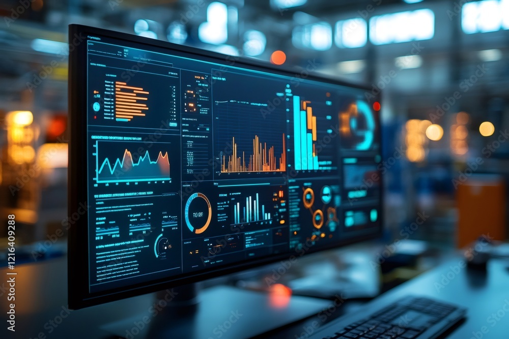 Modern computer showing graphs and statistics about company performance in factory Modern computer showing graphs and statistics about company performance in factory