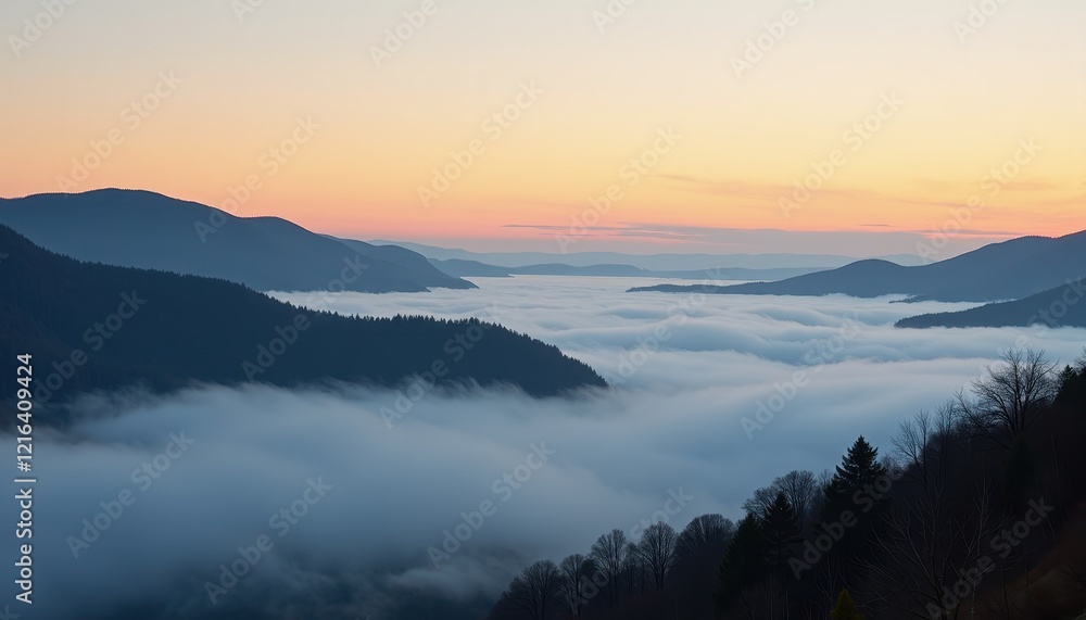 Fototapeta premium Breathtaking Sunrise Over Misted Valley: Golden Hues and Serene Sky