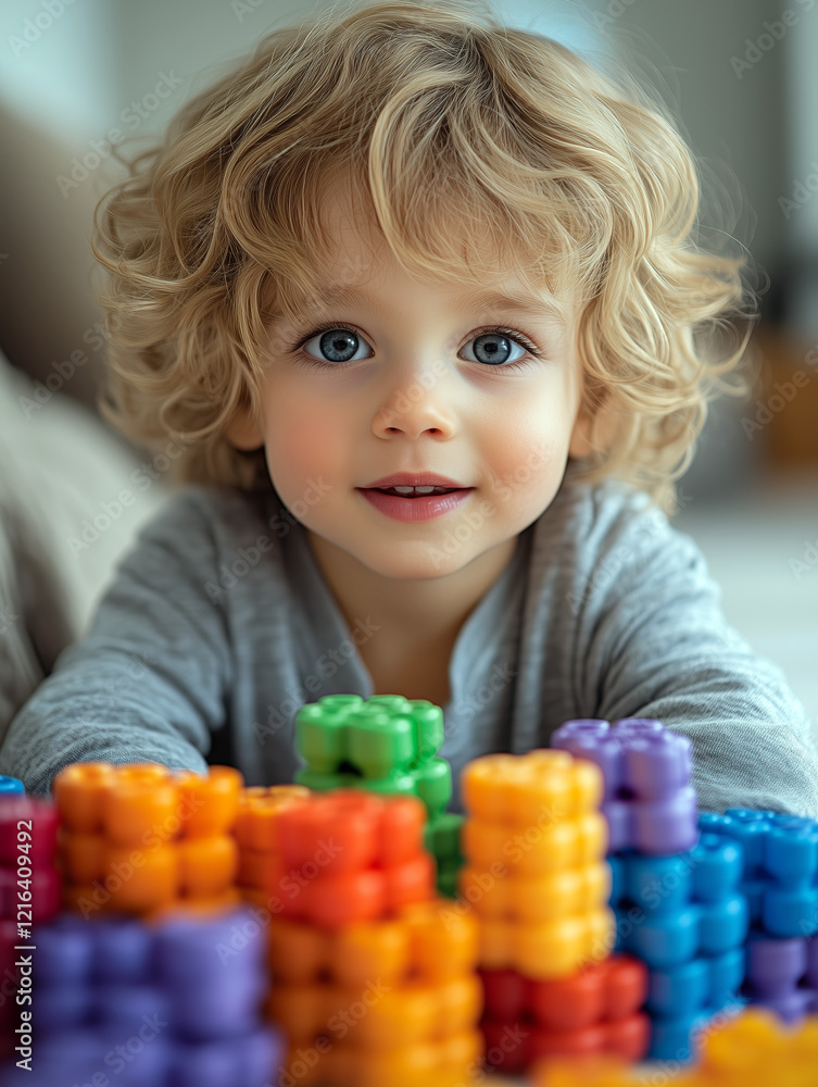 Obraz premium Adorable Toddler Playing with Colorful Building Blocks