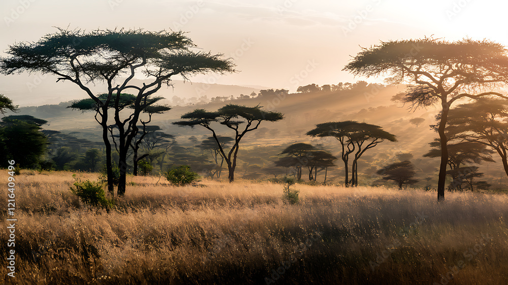 Fototapeta premium Golden Savanna at Dusk with Acacia Trees, Warm Sunset Light, and Distant Hills Softened by Heat Haze, Capturing Serenity and the Call of Wildlife