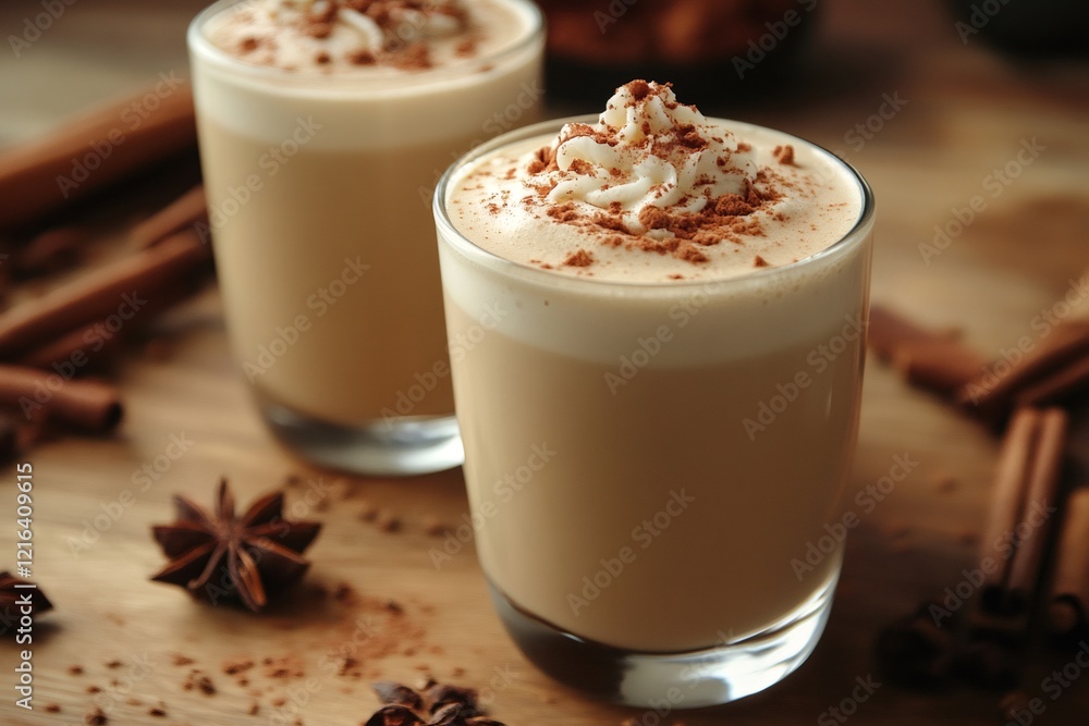Delicious eggnog with whipped cream, cinnamon and star anise celebrating christmas holidays Delicious eggnog with whipped cream, cinnamon and star anise celebrating christmas holidays