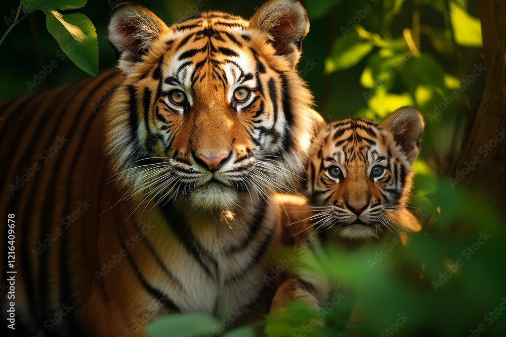 Majestic tigers basking in the sunlight while exploring lush greenery. Generative AI Majestic tigers basking in the sunlight while exploring lush greenery. Generative AI