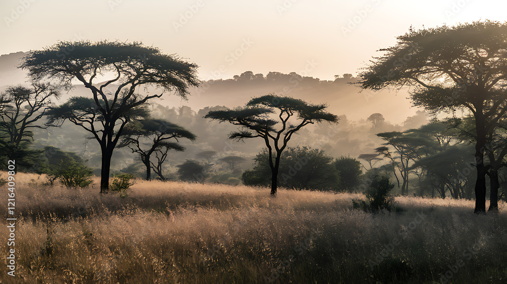 Golden Savanna at Dusk with Acacia Trees, Warm Sunset Light, and Distant Hills Softened by Heat Haze, Capturing Serenity and the Call of Wildlife Golden Savanna at Dusk with Acacia Trees, Warm Sunset Light, and Distant Hills Softened by Heat Haze, Capturing Serenity and the Call of Wildlife