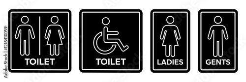 Toilet icons set. Men and women restroom icon sign right arrow. Disabled wheelchair icon. Vector Illustration