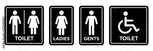 Toilet icons set. Men and women restroom icon sign right arrow. Disabled wheelchair icon. Vector Illustration