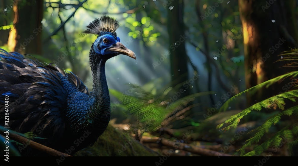 Majestic peacock in a vibrant forest illuminated by sunlight filtering through the trees Majestic peacock in a vibrant forest illuminated by sunlight filtering through the trees