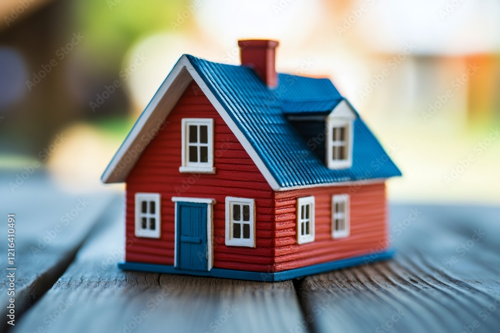 Small red house model standing on wooden table representing real estate investment Small red house model standing on wooden table representing real estate investment