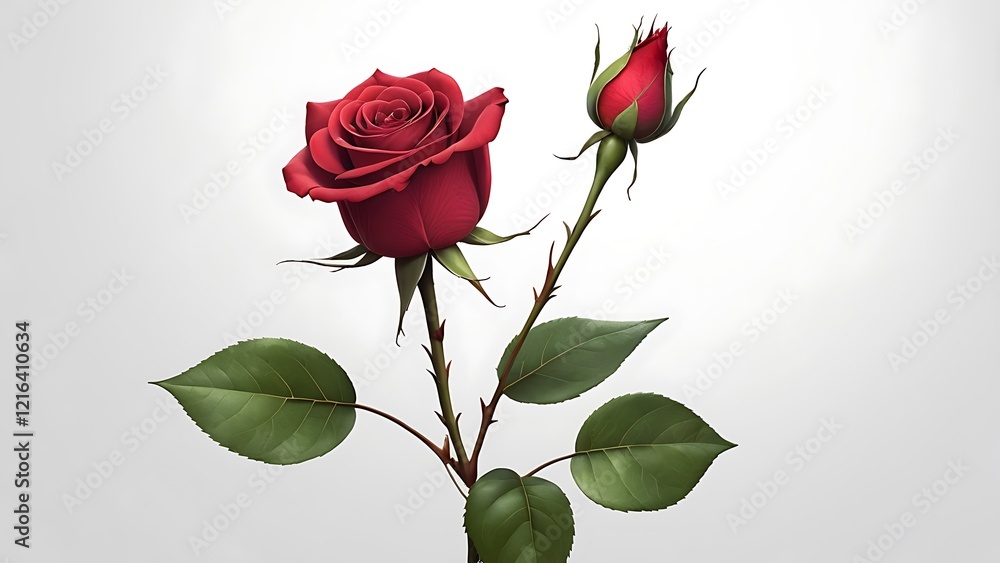 Fototapeta premium Crimson Rose Blossom: A breathtaking studio shot unveils a magnificent red rose, its delicate petals unfurling beside a closed bud, symbolizing the passage of time and the beauty of nature.