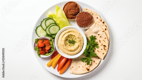 Wallpaper Mural Healthy Mediterranean platter featuring hummus, fresh vegetables, and pita served on a white plate Torontodigital.ca