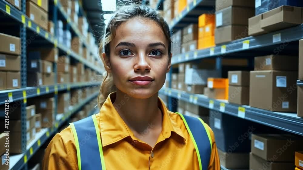 Young woman in a yellow shirt standing in a warehouse aisle surrounded by boxes during daytime Young woman in a yellow shirt standing in a warehouse aisle surrounded by boxes during daytime