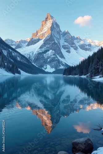 Wallpaper Mural crystal lake water reflected in a mountain peak, winter, mountains, peaceful Torontodigital.ca