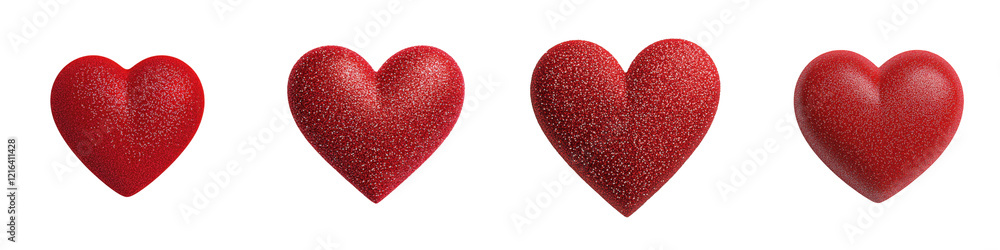 Four red hearts arranged in a line, showcasing varying textures and sizes, symbolizing love and affection. Four red hearts arranged in a line, showcasing varying textures and sizes, symbolizing love and affection.